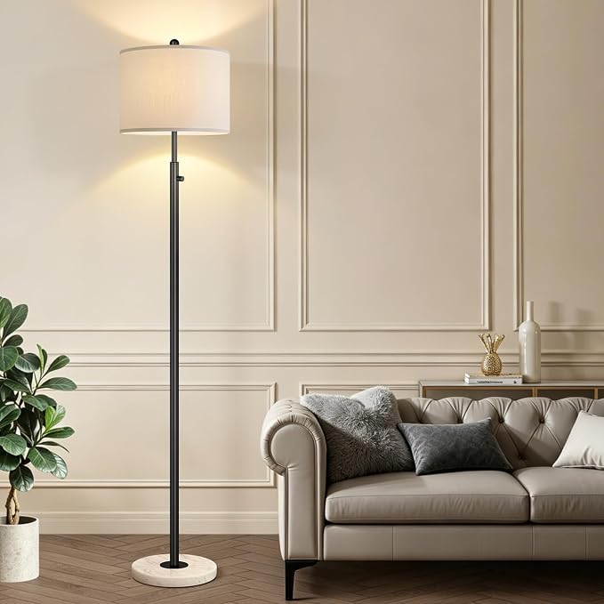 Nintiue Dimmable Floor Lamp for Living Room, 11W LED Bulb Included, Modern Standing Lamp with Marble Base, Tall Pole Light with White Linen Shade for Bedroom Reading Office Corner Nursery-Black