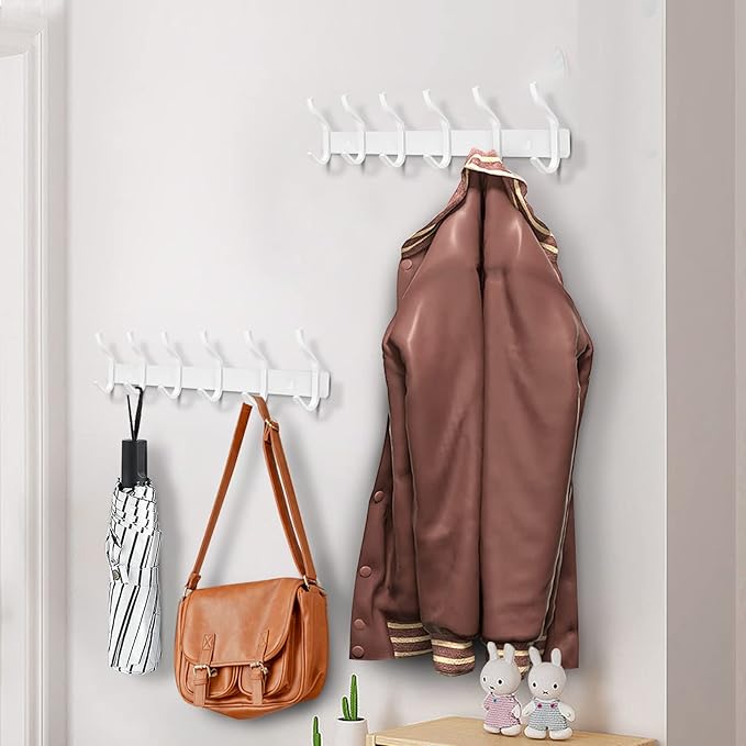 HAMUTH White Wall Hooks Heavy Duty, 17 Inch Coat Hooks Wall Mount with 6 Hooks,2 Packs Wall Hooks Hangers for Entryway, Bathroom - for Hanging Backpack, Bag, Coat, Purse, Hat, Towel, Clothes