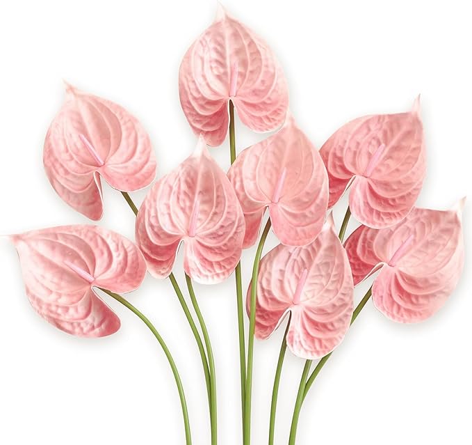 Real Touch Anthurium Artificial Flowers, 8pcs Shabby Blush Faux Pink Flowers with Stems for Tropical Wedding Bouquets, Romantic Centerpieces & Bridal Shower Party Decoration