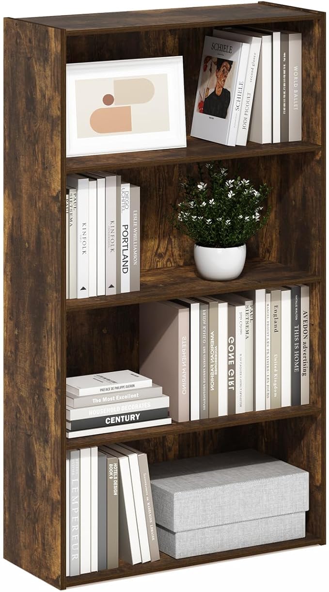 Furinno PASIR Book Shelf, 4-Tier Bookshelf, Bookcase with Open Shelf, 9.4 x 23.6 x 41.7, for Living Room, Bedroom, Home Office, Amber Pine