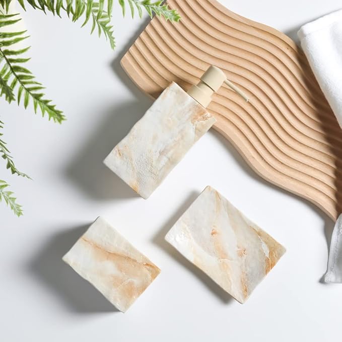 RQYIXI Bathroom Accessories Set 4 Pcs Marble Look Sets Toothbrush Holder Soap Dispenser Counter Top Ceramic Bathroom Decor Set Beige