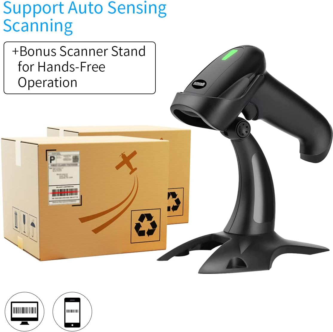 Skiennix USB Wireless Barcode Scanner - Ergonomic Design with Stand for Easy Scanning