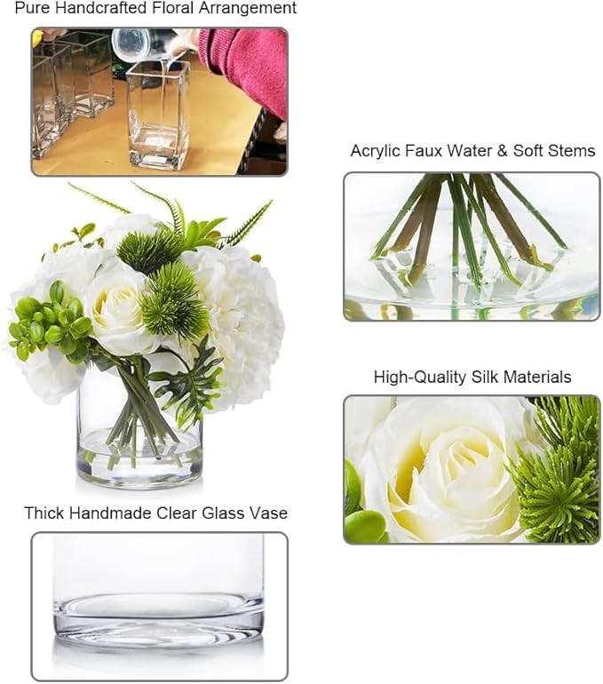 ENOVA FLORAL Artificial Rose Flowers in Vase, Mixed White Rose and Silk Peonies in Vase with Faux Water for Dining Table Centerpieces, Home Decor Indoor (FL-20-Cream)