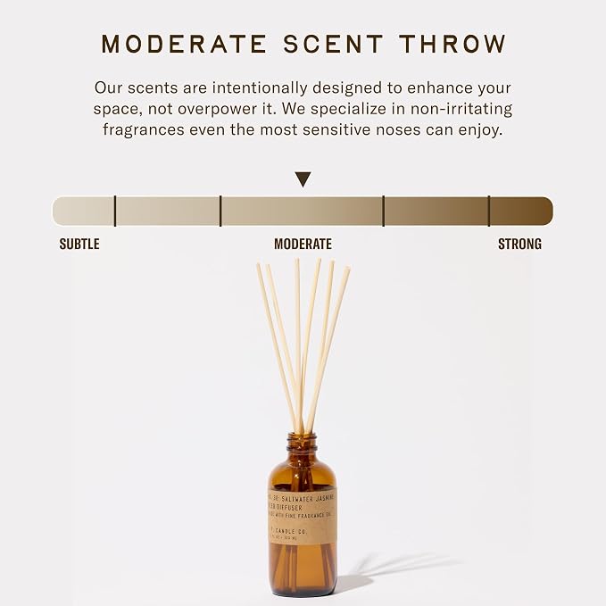 P.F. Candle Co. Classic Scented Rattan Reed Diffuser (3.5 fl oz) Amber Glass Jar, Fine Fragrance Oil, Low Maintenance Scent Throw (Saltwater Jasmine, 3.5 fl oz)