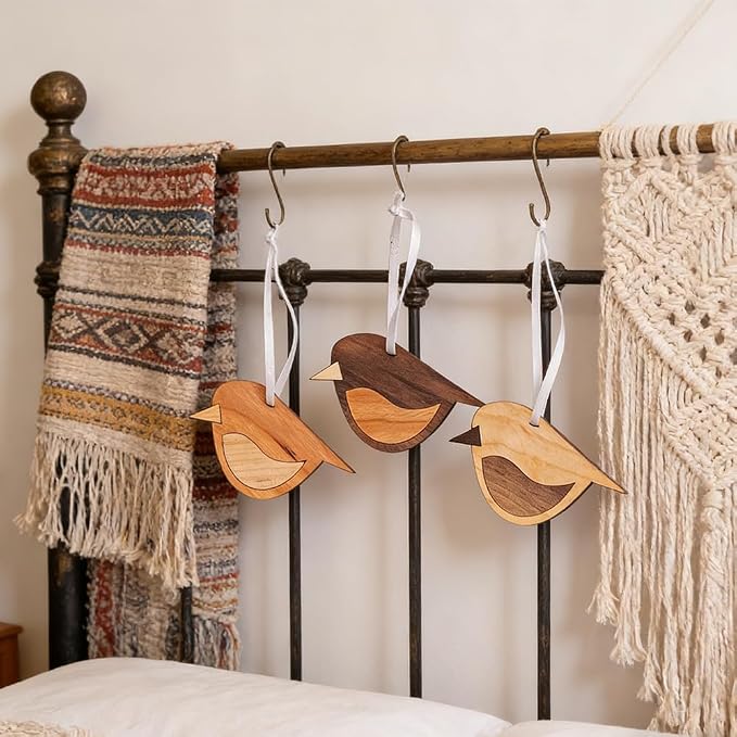 3 Pcs Wooden Robin Bird Ornaments Rustic Hanging Decor – 3.15x2 Inch Brown Natural Wood Hanging Birds for Boho Home Decor, Wall Hanging, and Farmhouse Shelf Accents (Brown)
