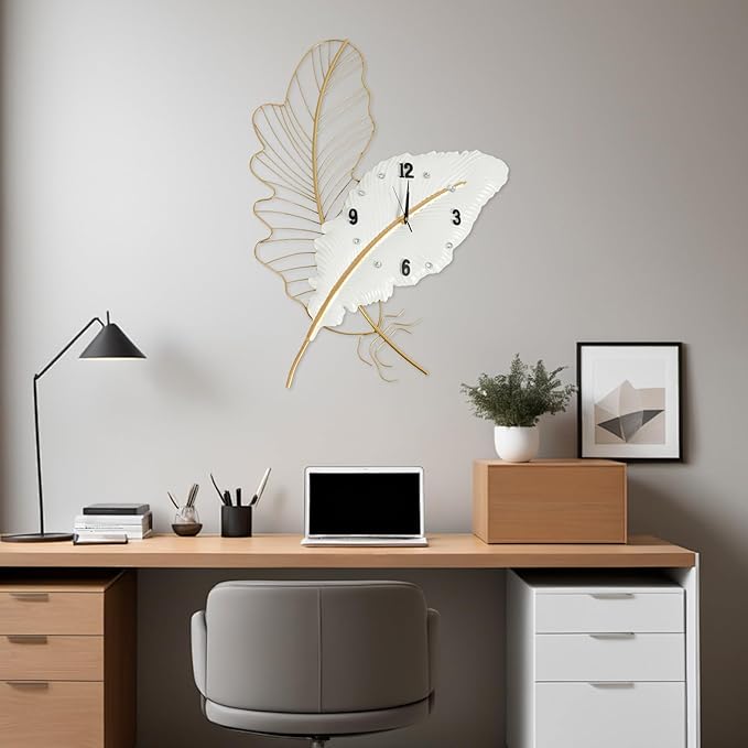 30.8Inch Large Wall Clocks for Living Room, Feather-Shaped Wall Clock Large Decorative Art Clock Silent Battery Operated, Modern Creative Decorative Clock for Living Room, Entrance, Office