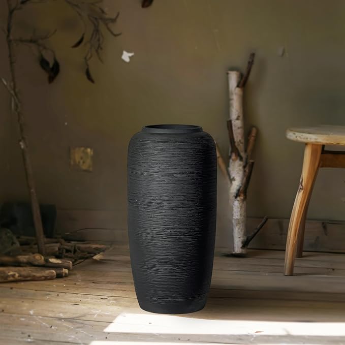 Large Rustic Ceramic Black Vase,15.7 Inch Tall Pottery Farmhouse Decor Floor Vase Vintage Flower Vases for Home Living Room Entryway Table Centerpiece Decor,Terracotta Vases,Wedding Gift