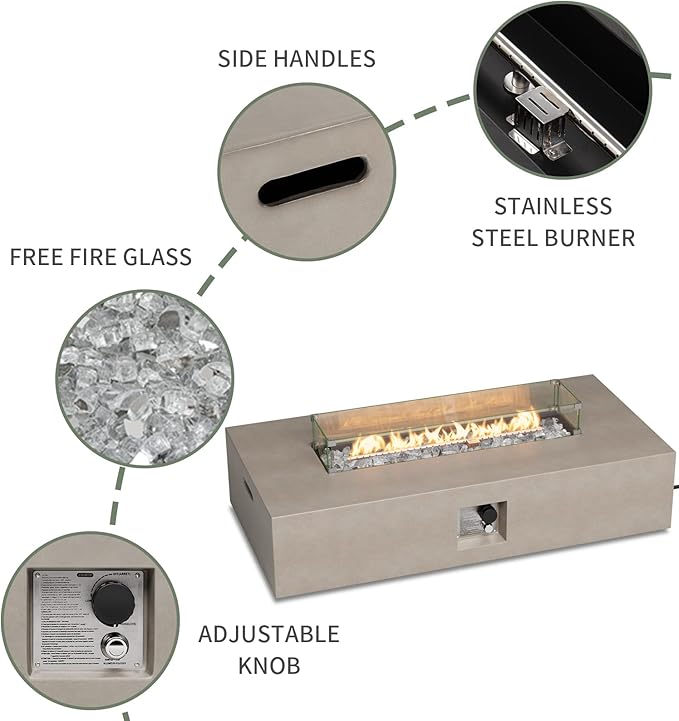 COSIEST Outdoor Propane Fire Pit Table, 56-inch x 28-inch Rectangle Gray Concrete-Like Finish, Certified, 50,000 BTU Stainless Steel Burner w Transparent Gray Fire Glass, Wind Guard, Raincover