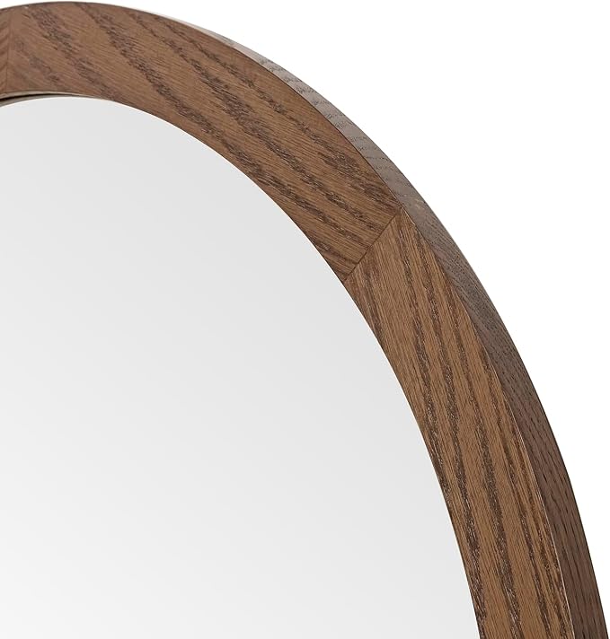 ARIEL Round Wooden Mirror 30" in Brown Oak, Wood Circle Wall Mirror for Bathroom, Vanity, Entryway & Living Room Decor, Farmhouse Style