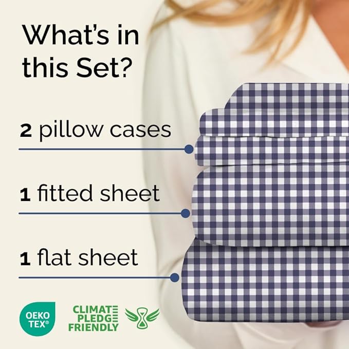 Blue Checkered Sheet Set - 1 Flat & 1 Fitted Sheet & 2 Pillowcases w/ Deep Pockets - Grid, Plaid, Gingham Pattern Bed Set - Comfy, Wrinkle & Fade Resistant - Soft, Breathable and Cooling - Queen Size