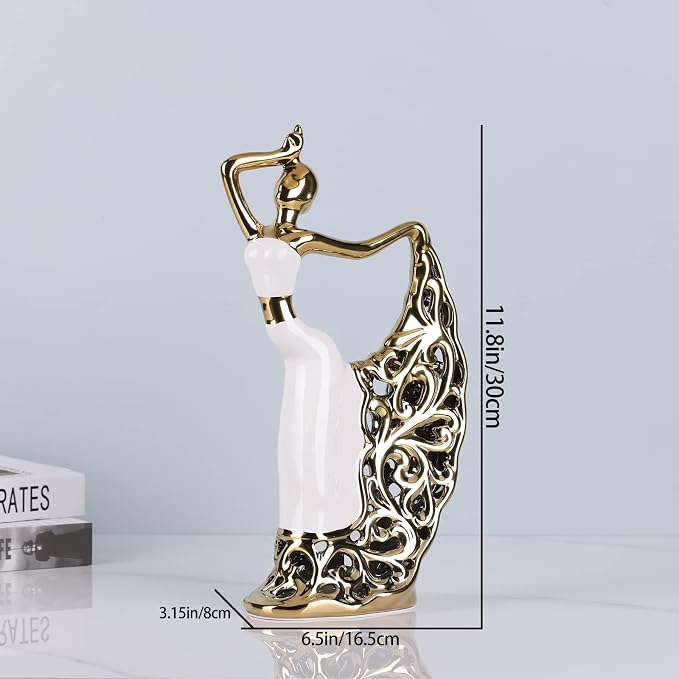 DOVDOV Peacock Statue and Sculpture, Female Dancer Sculpture, Modern Home Golden Ceramic Statue for Coffee Table, Entrance, Living Room, Bedroom Office Decoration Accessories (White Gold)