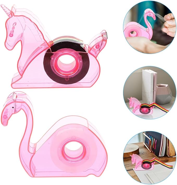 VILLCASE 2 Sets Cute Animal Tape Dispenser with Cutter Portable Desk Tape Holder for Office School Home Use Pink Mythical Horse and Flamingo Design Practical Stationery