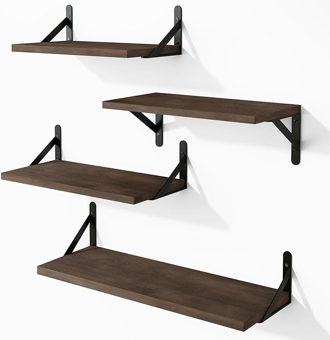 YGEOMER Floating Shelves for Wall, Different Sizes Walnut Wall Shelves for Living Room, Bathroom, Bedroom, Kitchen, Home Decor (Set of 4)