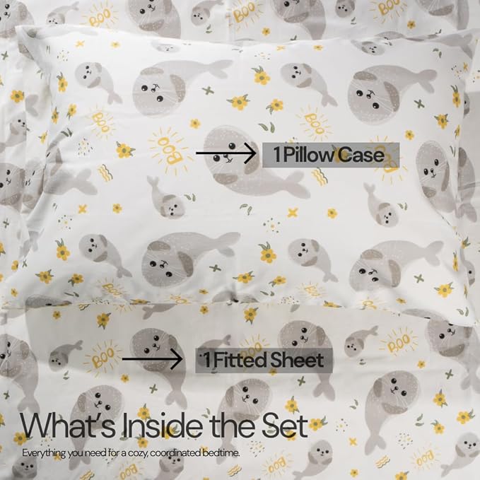 Salt Earth 100% Cotton 210TC Kids Bedsheet, Twin Fitted Sheet, Toddler Bed, 2 Piece Bedding Set- 1 Fitted Sheet and 1 Pillowcase, Themed Toddler Bed Sheets, Cute Sheets for Kids Bed (Seal)