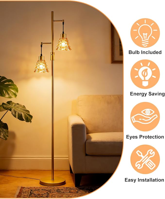 Lightdot 65IN Glass Floor Lamp for Living Room, 2- Light Gold Floor Lamps with Amber Glass Shade& Warm White Bulbs, Modern Standing Tall Lamp with 5Lbs Heavy Base for Bedroom/Corner Beside/Home Decor