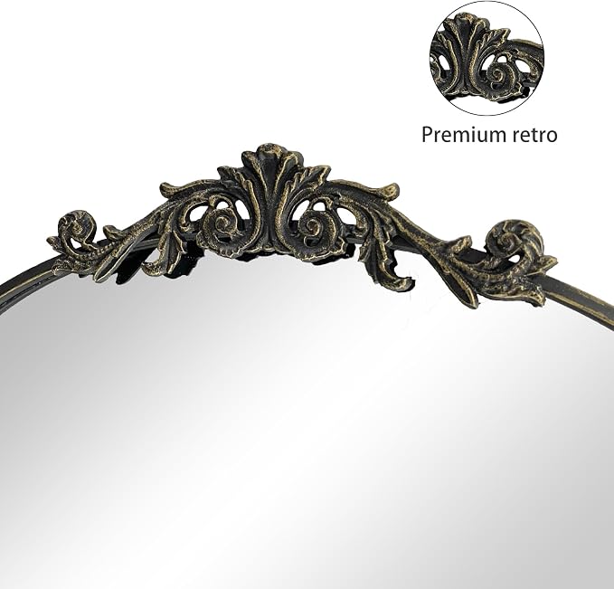 OUSHUAI Black Ornate Mirror for Wall, Traditional Vintage Ornate Baroque Mirrors,Victorian Antique Bronze Full Matel Frame,Arched Mirror for Entryway/Bathroom/Fireplace 24"X36"