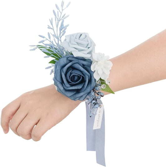 Ling's moment 2pcs Prom Wrist Corsage Artificial Flowers, Girl/Mother Corsages Wristlet Décor for Homecoming/Wedding/Anniversary, etc. Dusty Blue