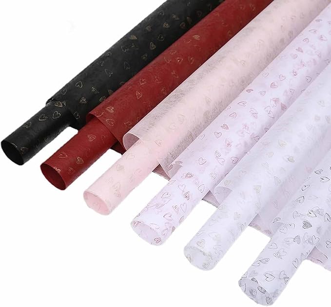 FAYADA 40 Sheet Korean Cotton Non-Woven Waterproof Flower Wrapping Paper, 22.8x22.8 Inch/pcs Floral Tissue Paper for flower bouquets Florist Supplies, Gift Packaging (Wine Red Heart)