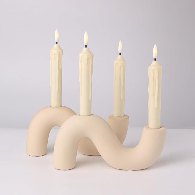 2-Pack White Ceramic Candle Holder Set, Modern Taper Candlestick for Table Living Room Wedding – Includes 4 LED Candles