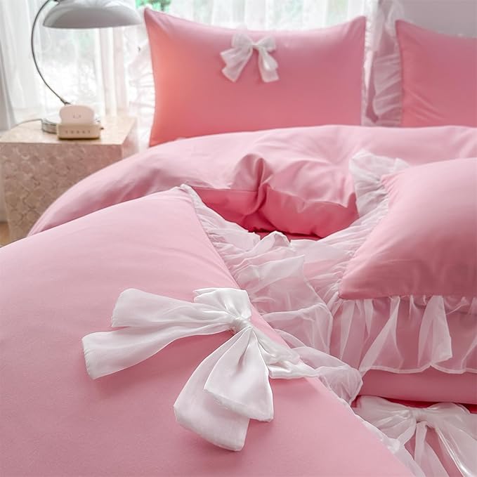Girls Lace Bedding,Twin Comforter Cover Set, Chic Ruffled Duvet Cover with Lovely Bow,Princess Style 1 Duvet Cover with 1 Pillowcases, No Comforter-Bright Pink,Twin Size