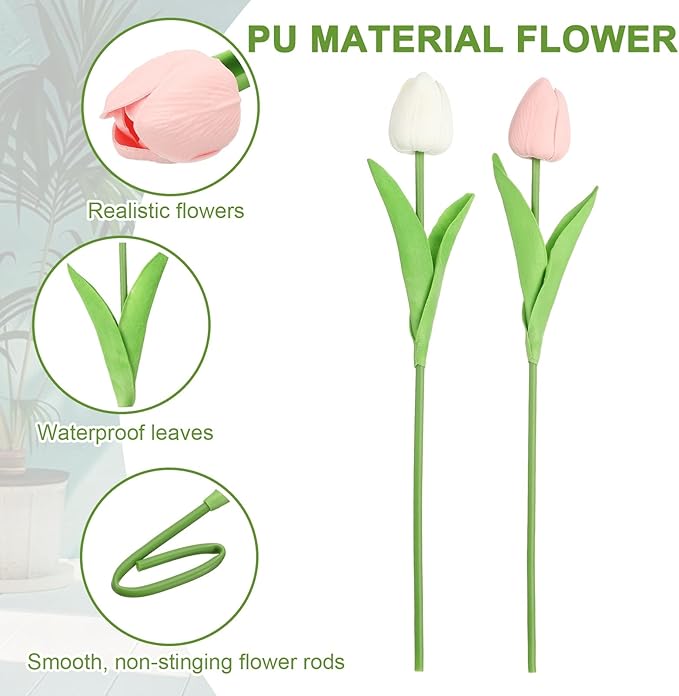 uxcell 20pcs Tulips Artificial Flowers, Faux Flowers Silk Fake Tulip Stems Real Touch for Wedding Bouquet Centerpiece Table Party Decoration(Candy Pink, Pure White)