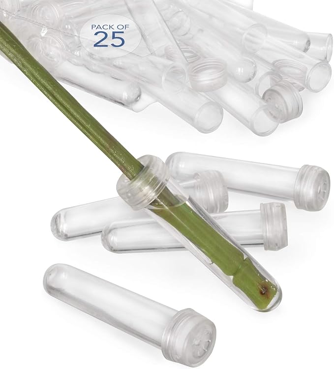 Royal Imports Floral Water Tubes with Caps – 3" Clear Plastic Flower Vials for Single Stem Roses, Buds, Bouquets – Standard Style, 1/2" Opening – 25 Pack