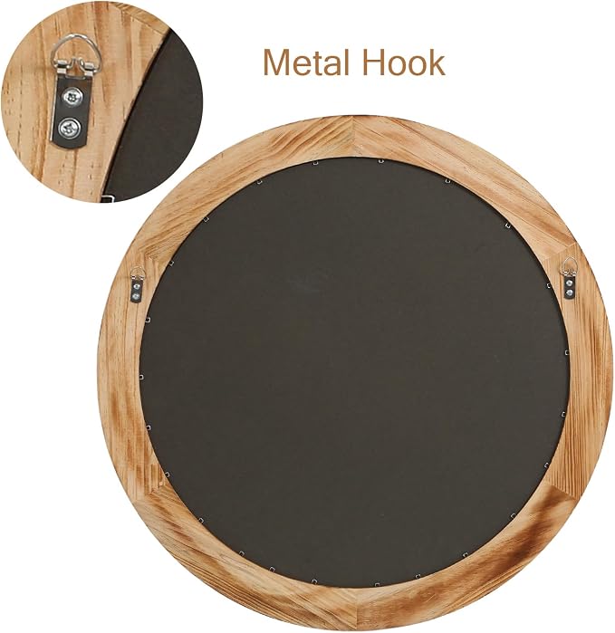 ULIKE Round Wood Mirror with Natural Wooden Bead Frame, 24 Inch Rustic Farmhouse Wall Mirror for Bathroom Nursery Bedroom Living Room Brown