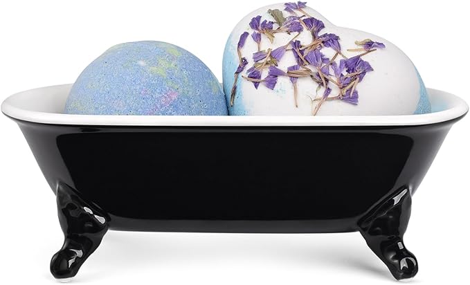 6.5" Ceramic Mini Decorative Clawfoot Bathtub Bar Soap Dish, Kitchen Sponge Holder and Shower Tray for Bathroom, 1 Pack(Black)