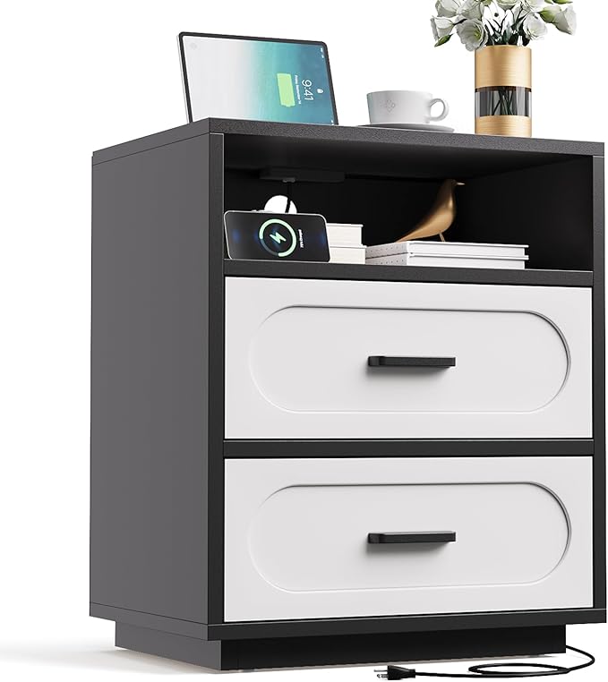 26" Tall Modern Nightstand with Charging Station, White End Table with 2 Drawers Storage, Space-Saving Wood Storage Cabinet with Unique Base Design, Bedside Table for Bedroom, Living Room