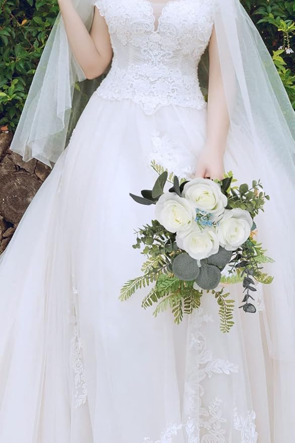 Artificial Rose Flower Artificial Flowers Flower with Long Stem Silk Roses Bouquet for Wedding Bridal Shower Party Home Decoration (White, 12 Pcs)