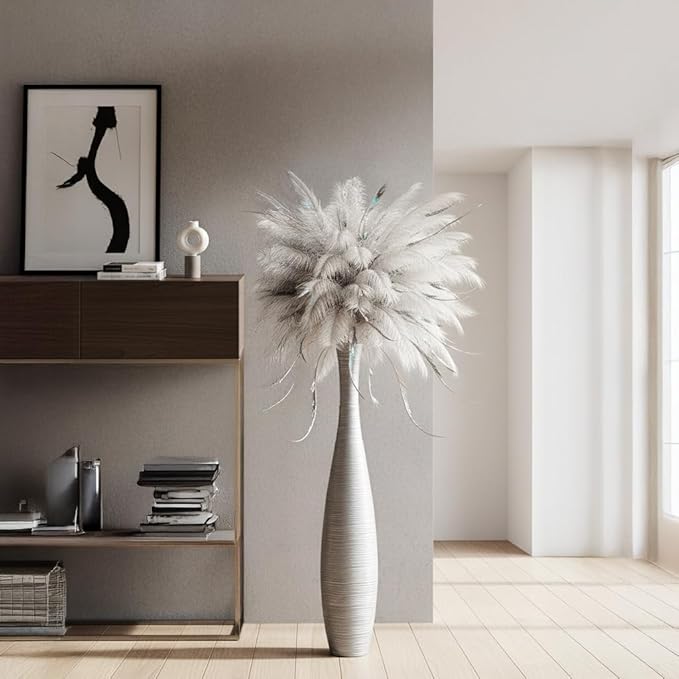 Tall Floor Vase, 27.5 inches (70cm, 2.3FT) Tall Vases Sturdy and Luxurious,Floor Vase for Country Home Decor, Living Room, Resin Silver Floor vase