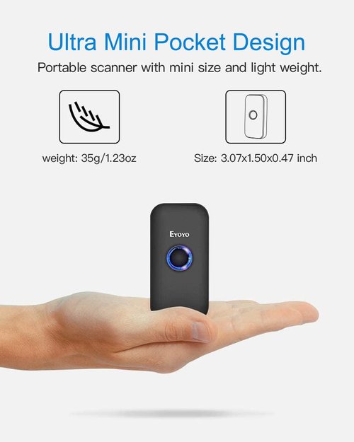 Eyoyo Mini Bluetooth Barcode Scanner - 3-in-1 Wireless & Wired Reader for Windows, Android, iOS | Portable Black