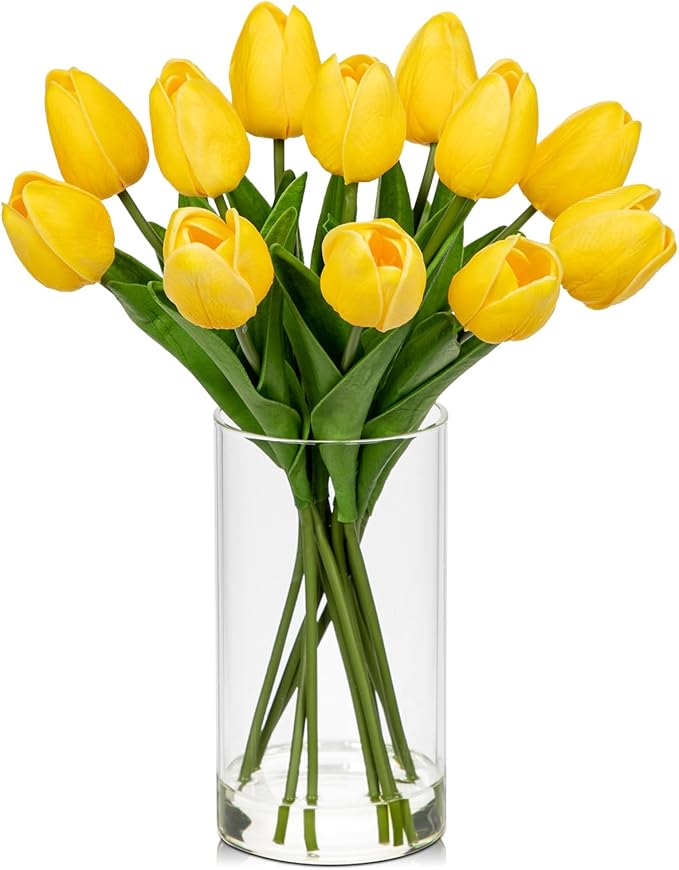 DILATATA 12 Pcs Artificial Real Touch Tulips Flowers in Glass Vase with Faux Water, Tulips Fake Arrangements Yellow Tulips with Vase for Dining Table Home Decor Wedding Centerpieces