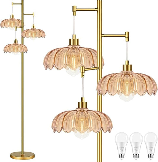 ILLMTW Floor Lamp for Living Room,Bedroom,Gold Mid Century Modern Standing Lamp Brass Tree 3 Light Tall Floor Lamps Vintage Retro Floor Lights Glass Flower Lamp Shade Farmhouse Boho Bohemian