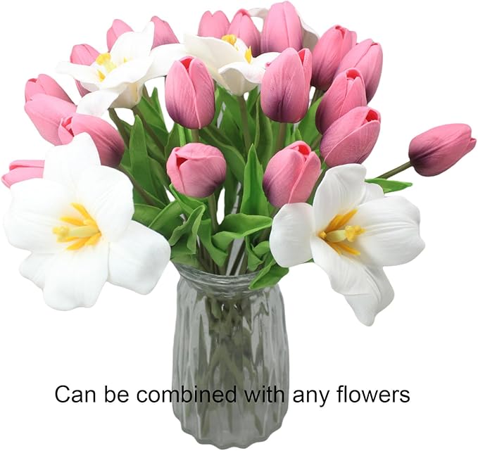 Artificial Flowers 10 Heads Mini Real Touch Artificial Tulip for Home Wedding Party Centerpiece Decoration (Dark Berry Pink)
