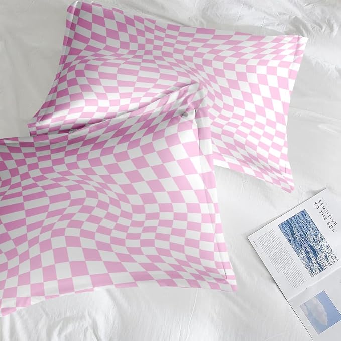 Comforter Set Twin Size, Pink White Geometric Checkerboard 5 Pcs Bedding for Kids and Adults, Chess Checkered Bedding Sets with Fitted Sheet Pillowcase & Sham for Bedroom Bed Decor