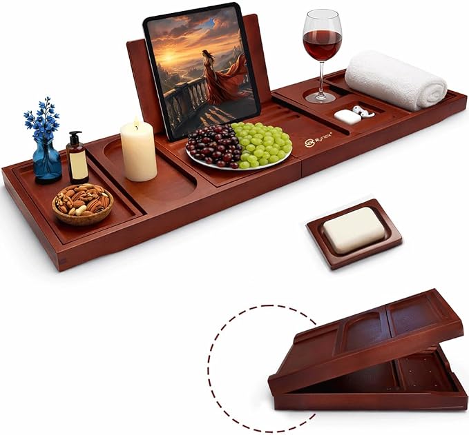 Bathtub Tray & Bath Tray for Tub – Expandable Bamboo Bath tub Tray, Bathtub Caddy, Adjustable Foldable Waterproof Bath Trays for tub with Phone, Wine Glass, Book & Tab Holder (Free Soap Dish)