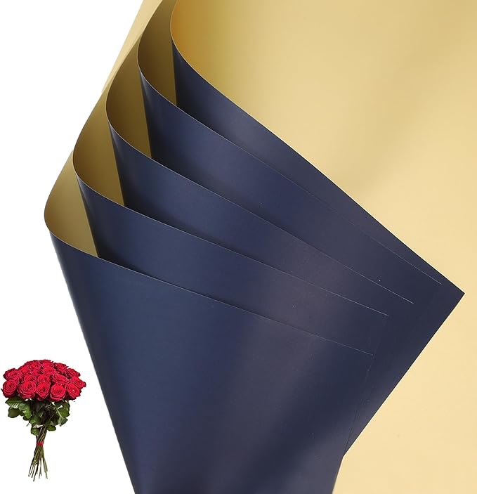 PATIKIL Flower Gift Wrapping Paper, 20 Sheets Double Sided Golden Waterproof Bouquet Paper Wrap Florist Supplies Packaging Floral Papers for Wedding DIY Craft Valentine, Blue/Gold