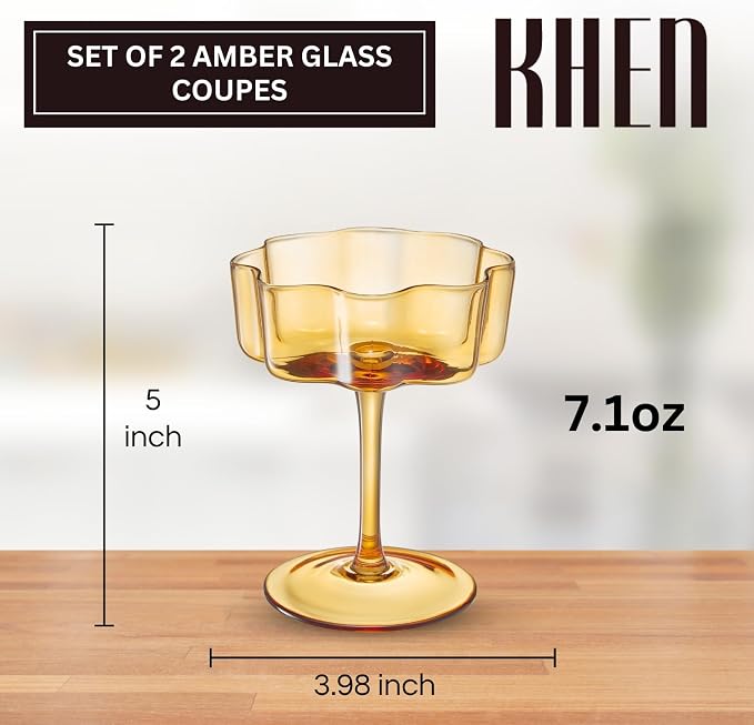 Flower Scalloped Vintage Wavy Petals Wave Glass Coupes 7oz Colorful Martini, Champagne & Cocktails, 2 Set Amber Rippled Champagne Glasses, Elegant Bar Glassware, Unique Aesthetic Coupe Glassware Gifts