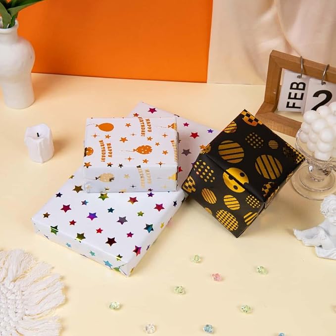 Linnoptimix Birthday Wrapping Paper Rolls -3 LARGE ROLL-27inch*78 inch per roll Colorful Foil wrapping paper (Birthday 1 White/Gold&1 Black/Gold &1White/Colorful Foil（012）)