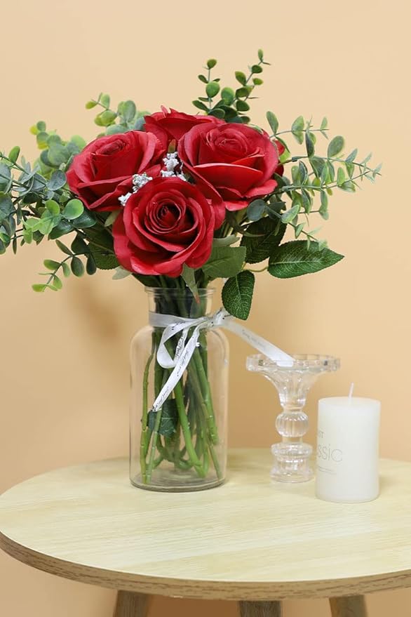 Artificial Rose Flower Artificial Flowers Flower with Long Stem Silk Roses Bouquet for Wedding Bridal Shower Party Home Decoration (Red, 12 Pcs)