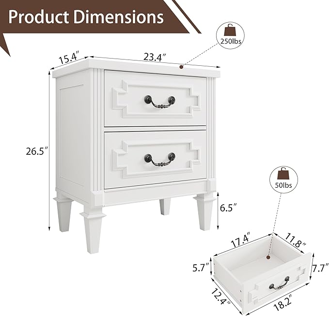 BLANKSPACE Farmhouse White Nightstand wtih Vintage Surface, 26" Tall End Table, Side Table with 2 Drawers Storage Cabinet for Bedroom, Living Room