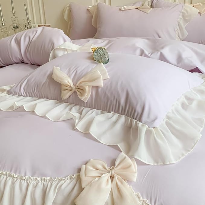 Chic Lace Bedding,Girls Twin Aesthetic Comforter Cover Set,Romantic French Princess Style Ruffled Duvet Cover with Lovely Bow with Zipper Closure-Purple,Twin