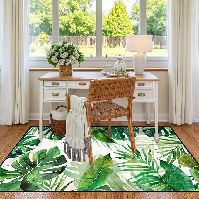 3'x5' Tropical Palm Leaf Rug Monstera Banana Leaves Floor Mat for Entryway Bedroom Living Room Nursery Playroom Home Decor Washable Low Pile Green Botanical Area Rug