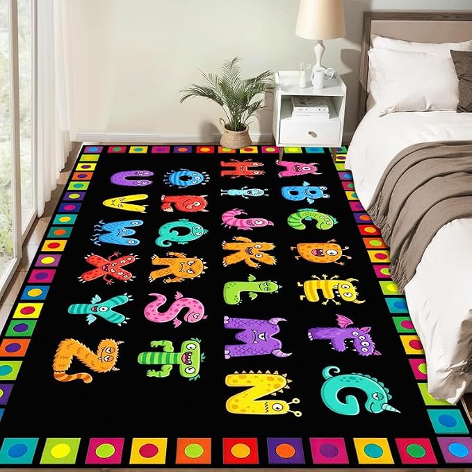 Alphabet Monster Area Rug for Kids 4'x6' Colorful ABC Learning Carpet Non Slip Educational Play Mat for Nursery Bedroom Playroom Classroom Living Room Home Decor