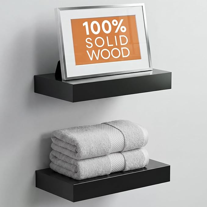 Homeforia Floating Shelf Black 12 inch, High End Solid Real Wood Small 12inch Floating Shelves for Wall Mounted, Black Wooden 12 in Floating Shelves, Heavy Duty Bracket, 12 X 6.5 X 1.75 inch, Set of 3