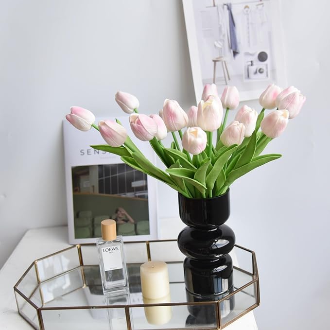 20 Pcs 13” Real Touch Pink Tulips Artificial Flowers, Latex Pu Fake Faux Lifelike Flowers with Stems, for Wedding Bouquet Christmas Home Decor
