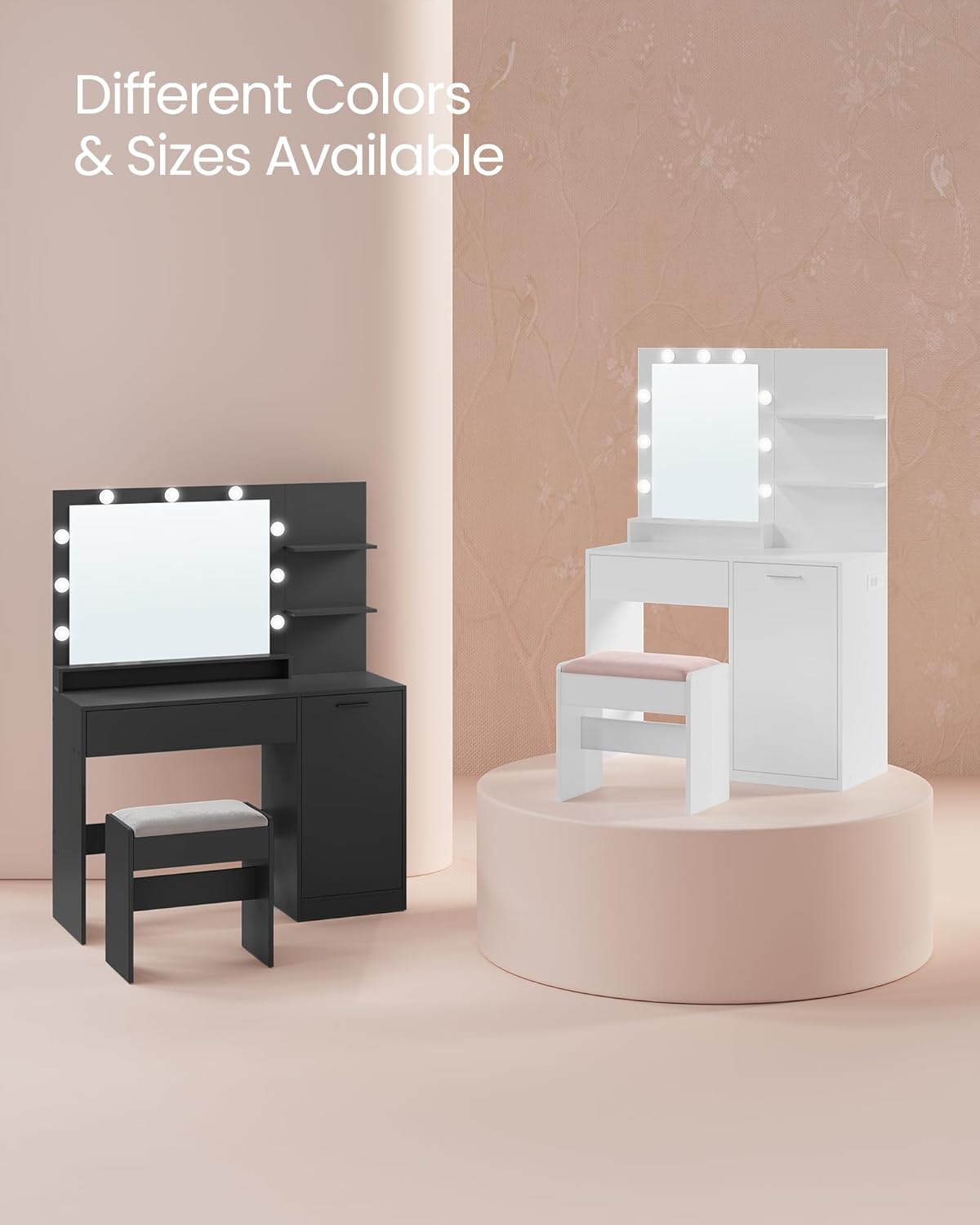 VASAGLE Vanity Desk - 35.4-Inch Makeup Vanity with Mirror, Dimmable LED Lights & Upholstered Stool | Cloud White