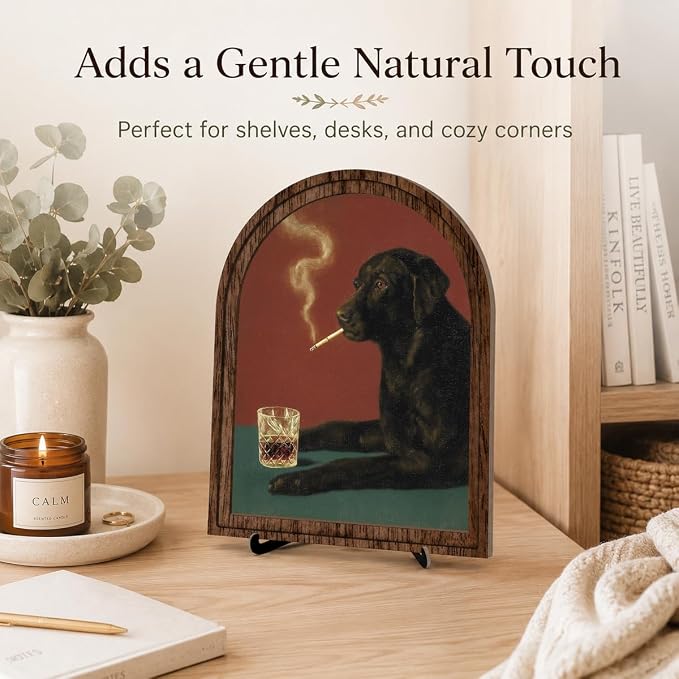 Vintage Animal Portrait Tabletop Decor Sign,Smoking Dog Poster, Black Dog Artwork in Arched Wooden Frame with Stand for Living Room Bedroom Desk Shelf Display, Moody Home Decor
