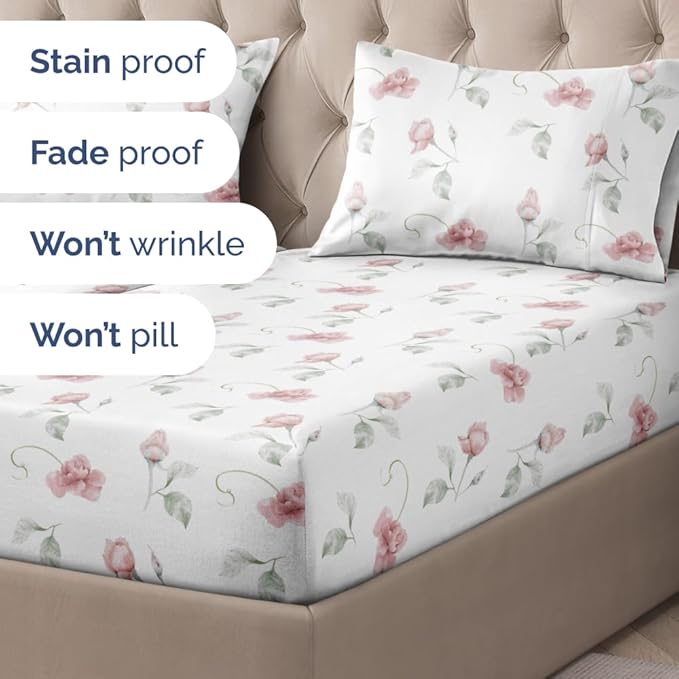 Floral Sheets - Floral Rose Bed Sheet Set - 1 Flat, 2 Fitted & 2 Pillowcases w/ Deep Pockets - Wrinkle & Fade Free - Boho Botanical Bedding - Ultra-Soft, Breathable and Cooling - Split King Size Set